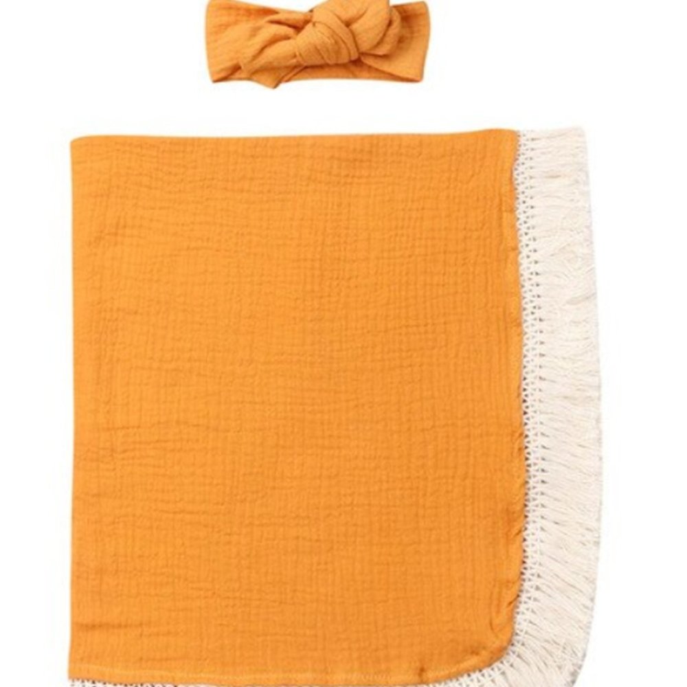 Mustard Muslin Cotton Soft Swaddle Blanket & Headband 2pcs Baby Set